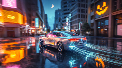 Transparent ghost car speeding through neon streets, glowing headlights, holographic reflections