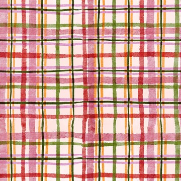 Сheck Watercolor Christmas Seamless Pattern in red, green tones on Pink background