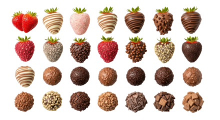 Strawberry and Chocolate Selection: A visually stunning arrangement of fresh strawberries and delectable chocolate variations arranged in neat rows. A gourmet indulgence