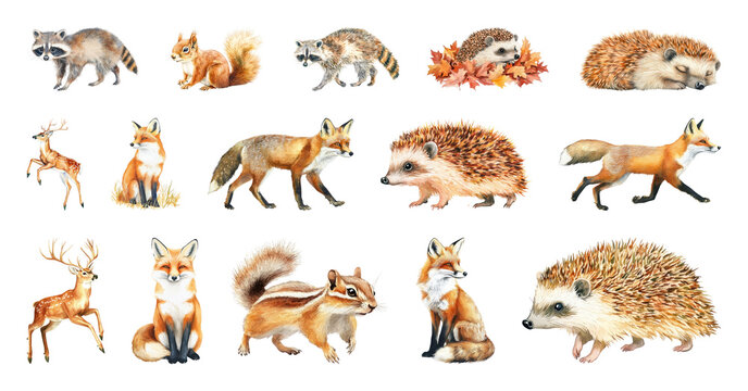 PNG Woodland animals watercolor illustration, element set on transparent background