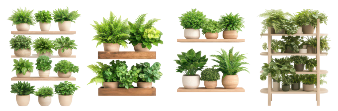 Botanical Bounty: A vibrant collection of lush, green potted plants arranged on wooden shelves, evoking a sense of tranquility and a touch of the natural world.