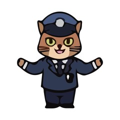 Illustrations of cute cat characters dressed in police uniforms in various poses and expressions. This cartoon vector set features feline police officers with attributes such as batons, stop signs, wh