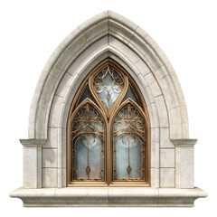 Fototapeta premium An ornate gothic-style window with a pointed arch, stone frame, and intricate golden tracery