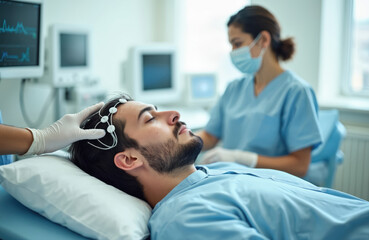Fototapeta premium Patient lies on bed with electrodes on head for EEG scan. Nurse in mask and gloves monitors brain activity on screen. Medical test in clinic diagnoses neurological condition.