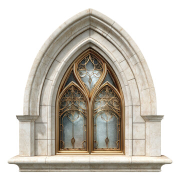 An ornate gothic-style window with a pointed arch, stone frame, and intricate golden tracery