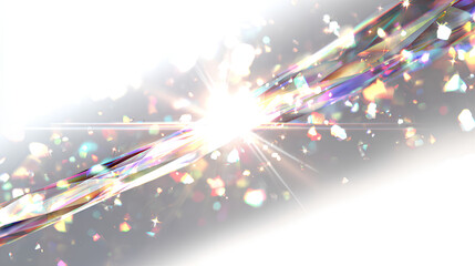 Bright flare overlay. Rainbow light refraction with diamond glow, lens flash, and glittering prism. white background for design filter, jewelry, or fantasy decoration.