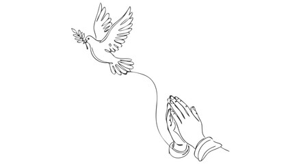 A peaceful dove flying from praying hands, beautifully rendered as one continuous line drawing, symbolizing hope and spirituality in a minimalist design, perfect for serene concepts