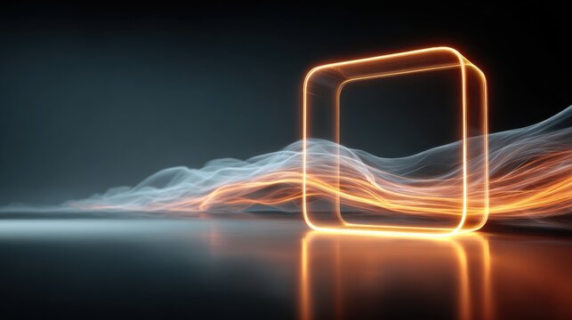 Orange Neon Square Frame with Flowing White and Orange Light Waves glowing