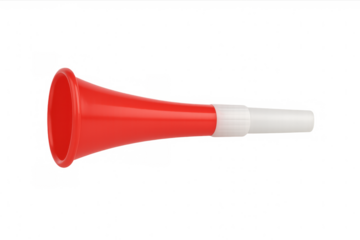 Red and white vuvuzela horn for sport fans cheering, making loud stadium noise and celebration, transparent background