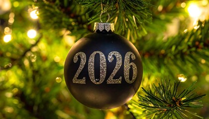 Festive 2026 Christmas Ornament on Tree with Bokeh Lights.