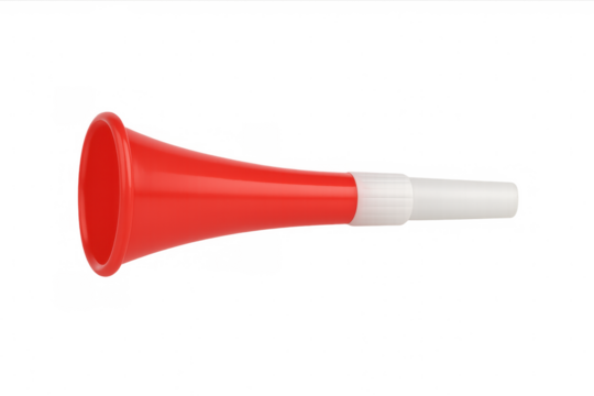Red and white vuvuzela horn for sport fans cheering, making loud stadium noise and celebration, transparent background - Powered by Adobe
