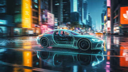 Transparent ghost car speeding through neon streets, glowing headlights, holographic reflections