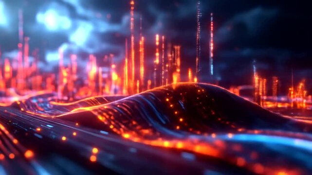 Digital landscape with glowing abstract data streams and towering light structures