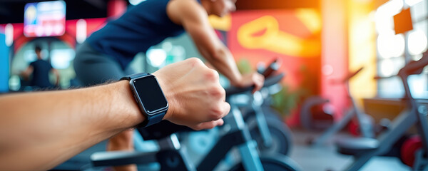 Gym fitness exercise close up of running on stationary bike with smartwatch tracking progress and motivation