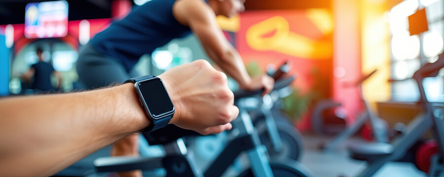 Gym fitness exercise close up of running on stationary bike with smartwatch tracking progress and motivation