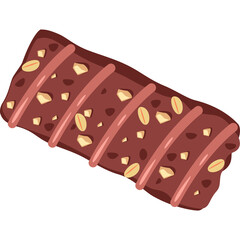Chocolate protein bar with visible nuts and pink stripes against a white background