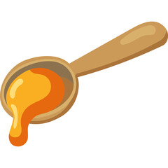 Cartoon wooden spoon filled with golden honey liquid dripping in a realistic art style isolated on a transparent background