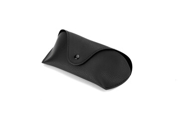 Black leather eyeglass case flat on isolated white background. Single accessory. Sunglasses or reading glasses case.