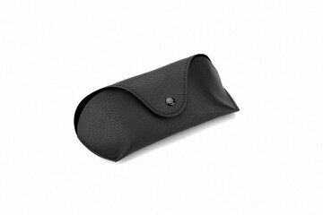 Black leather eyeglass case flat on isolated white background. Single accessory. Sunglasses or reading glasses case.