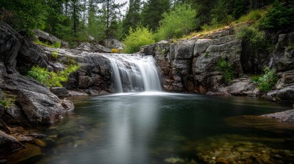 Fototapeta premium Serene waterfall cascading into a clear pool, surrounded by gray rocks and lush green foliage in a natural setting