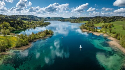 An aerial view showcases a tranquil lake reflecting fluffy clouds. Lush green forests line the shore. Two sailboats drift