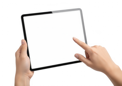 Hands holding touching a tablet computer screen isolated on transparent background
