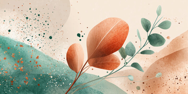 Abstract watercolor illustration featuring vibrant green and orange leaves against a soft beige background, creating a harmonious blend of nature and artistic expression