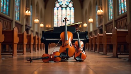 Acoustic musical instruments cello violin and grand piano in a church. Classical instruments set on wooden floor in interior with pews. Music performance concept or music class.