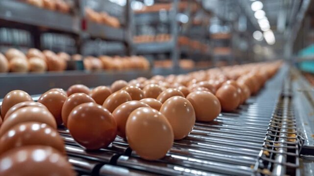 Brown eggs are seen rolling along a conveyor belt in a processing facility. The environment is bright and organized, showcasing efficient egg handling at a large scale
