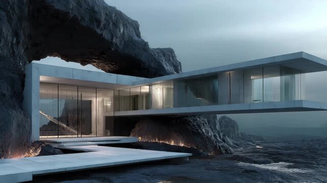 Modern Cliff House Dramatic Ocean Views: Minimalist cantilevered structure extending over rocky precipice with expansive glass facade, infinity pool, lounge seating, fiery pathway lights, and misty se
