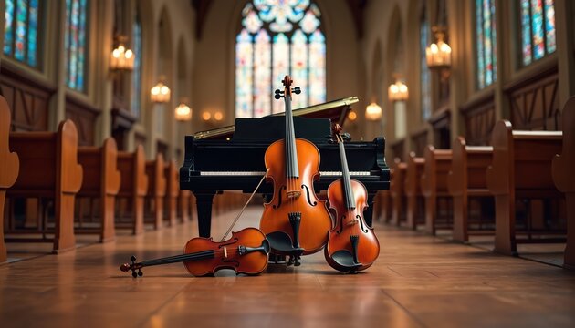 Acoustic musical instruments cello violin and grand piano in a church. Classical instruments set on wooden floor in interior with pews. Music performance concept or music class.