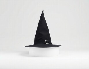 Fototapeta premium Elegant Witch's Pointed Hat on Simple White Studio Background for Halloween Costume Mockup