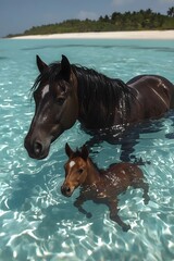A beautiful black horse and her foal gracefully swim together in clear turquoise water under the sunlight