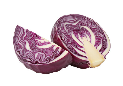 Isolated Two halves of sliced raw red cabbage, vegetarian diet ingredient, purple color - Powered by Adobe