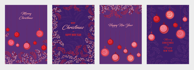 Elegant Vector Christmas and New Year Templates with Festive Red Ornaments