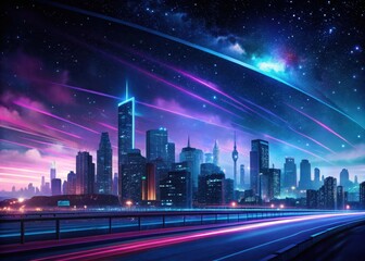 Fototapeta premium Cityscape under starry night sky with long exposure
