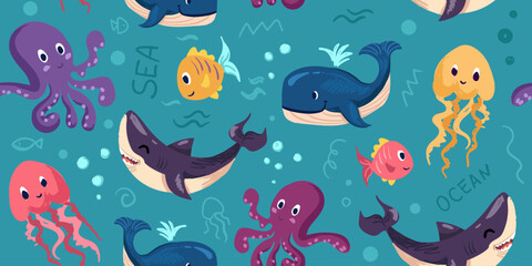 Cute seamless pattern with sea animals, whales, sharks, octopuses, jellyfish, colorful fish, marine life, underwater world, cartoon ocean creatures. Vector hand drawn illustration
