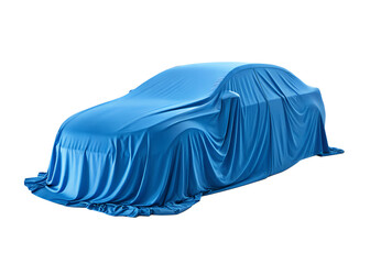 A new car covered with a draped blue fabric sheet isolated on transparent background