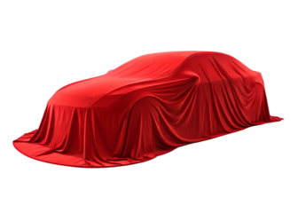 Luxurious red velvet car cover concealing a new vehicle for a grand reveal isolated on transparent background