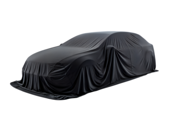 A dark fabric car cover conceals a vehicle s shape suggesting anticipation or protection isolated on transparent background