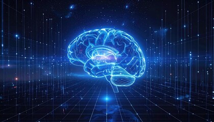 Glowing Blue Digital Brain Symbolizing Artificial Intelligence and Neural Networks with Abstract Data Streams and Particles in Dark Futuristic Background