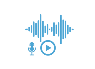 Blue audio waveform with microphone and play button isolated on transparent background