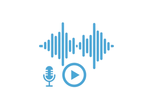 Blue audio waveform with microphone and play button isolated on transparent background
