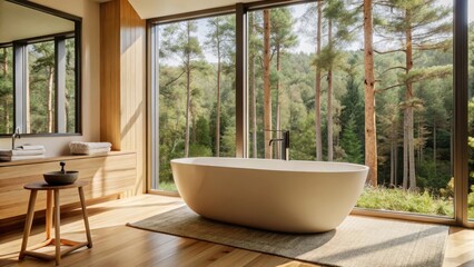 Fototapeta premium Sleek modern bathtub in minimalist bathroom with forest view and large windows for natural light