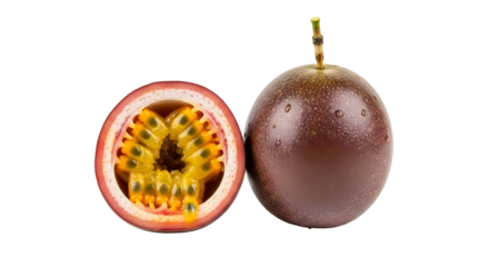 Exotic passion fruit half showcasing vibrant yellow seeds, next to whole fruit with captivating textures, perfect for healthy eating and tropical themes