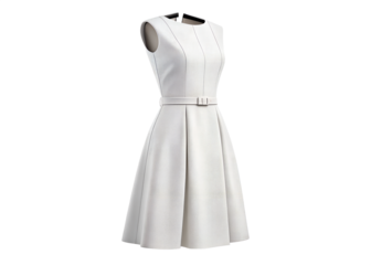 Elegant sleeveless white a line midi dress with belt and textured fabric isolated on transparent background