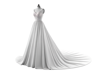Elegant white wedding gown with flowing train displayed on a mannequin isolated on transparent background