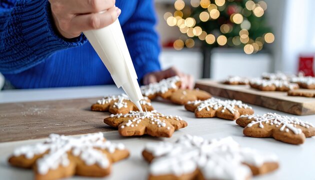 Joyfully decorating festive snowflake gingerbread cookies with royal icing for a cozy holiday celebration