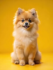 Obraz premium Small Pomeranian dog sitting on yellow background with paws folded