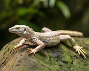Magnificent albino lizard basking on mossy rock, a stunning portrait of reptilian beauty and unique wildlife in its natural habitat, nature stock photography